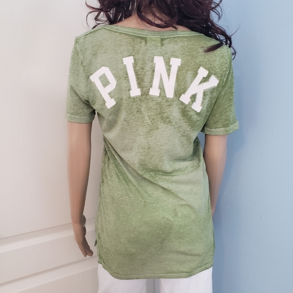 PINK VIictoria's Secret Burnout V neck Tunic Tee- Shirt XS Green White
